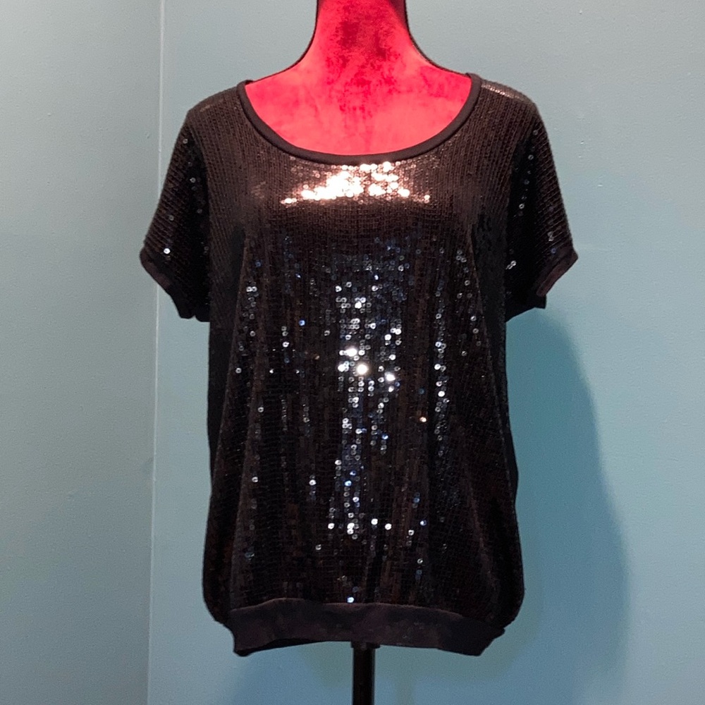 Express Black Sequin Short Sleeve Top Size Small
